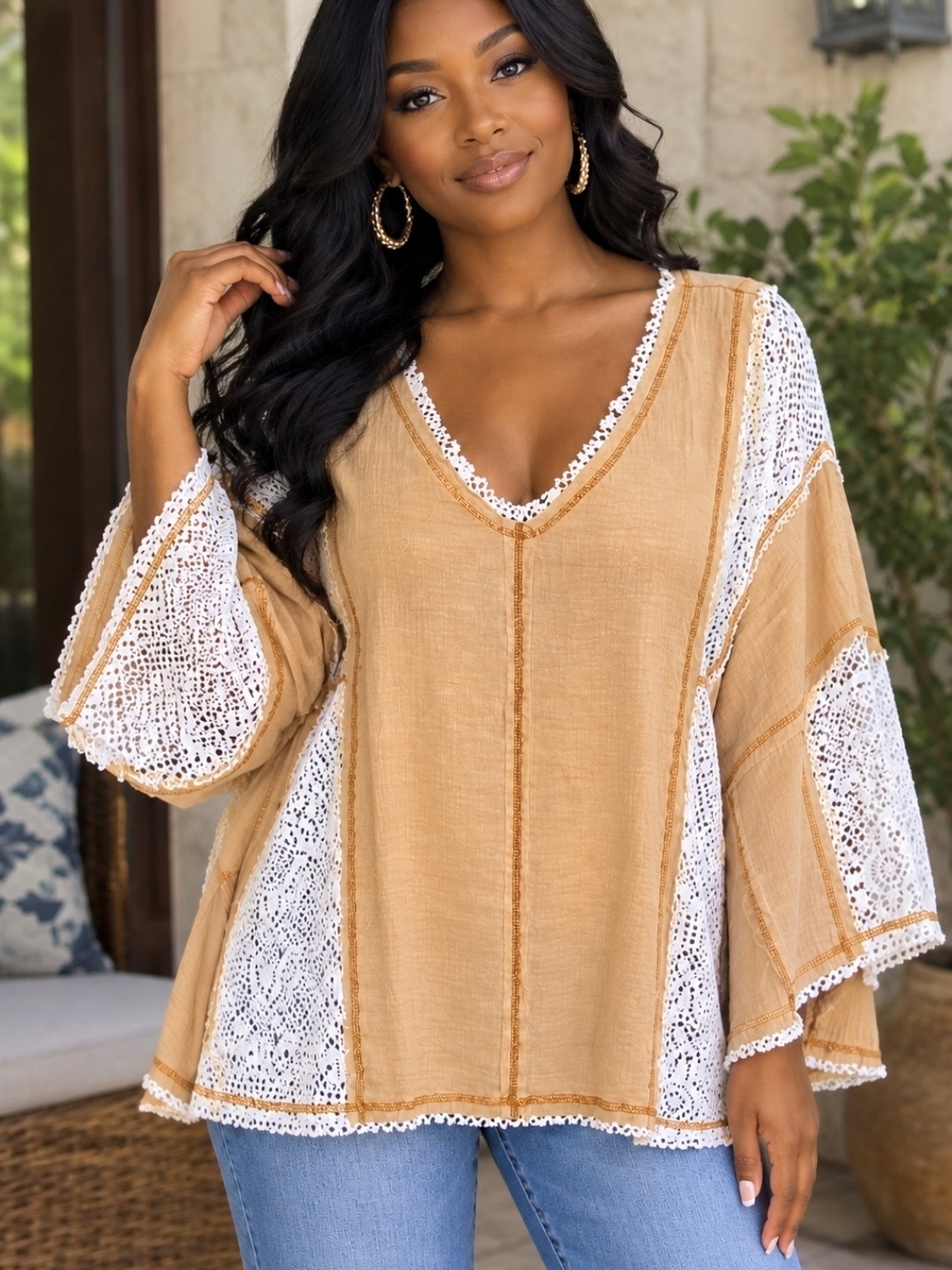 NEW!! Oddi Boho Crochet-Panel V-Neck Tunic Top - Camel, Sz 2X
